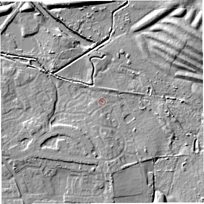 Shaded relief map of the ground around WN34PN, computed from Environment Agency LiDAR. The ground here sits at about 35 m above sea level and falls 11 m across the surrounding 800 m. Surface water reaching this point runs off ground lying to the south, 2.6 m higher.