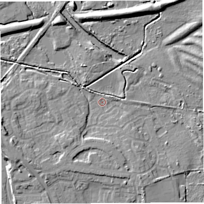 Shaded relief map of the ground around WN34PP, computed from Environment Agency LiDAR. The ground here sits at about 34 m above sea level and falls 13 m across the surrounding 800 m. Surface water reaching this point runs off ground lying to the south-south-east, 4.5 m higher.