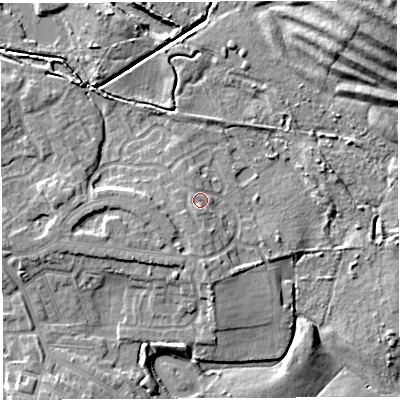 Shaded relief map of the ground around WN34PR, computed from Environment Agency LiDAR. The ground here sits at about 37 m above sea level and falls 10 m across the surrounding 800 m. Surface water reaching this point runs off ground lying to the south, 1.1 m higher.