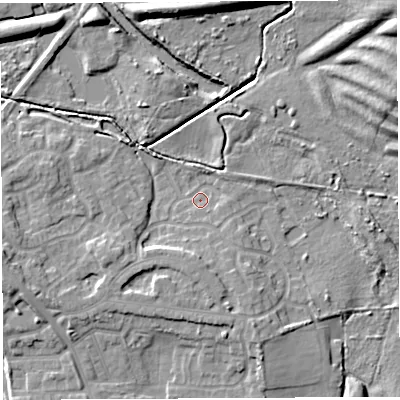 Shaded relief map of the ground around WN34PW, computed from Environment Agency LiDAR. The ground here sits at about 35 m above sea level and falls 12 m across the surrounding 800 m. Surface water reaching this point runs off ground lying to the south-east, 1.8 m higher.