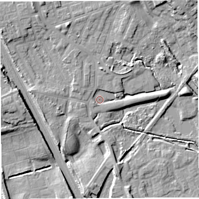 Shaded relief map of the ground around WN34QJ, computed from Environment Agency LiDAR. The ground here sits at about 36 m above sea level and falls 23 m across the surrounding 800 m. Surface water reaching this point runs off ground lying to the east, 6.2 m higher.