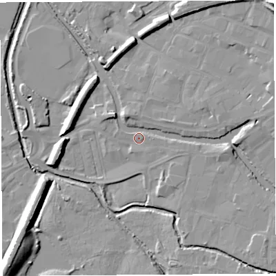 Shaded relief map of the ground around WN35AA, computed from Environment Agency LiDAR. The ground here sits at about 26 m above sea level and falls 19 m across the surrounding 800 m. Surface water reaching this point runs off ground lying to the east-south-east, 1.9 m higher.