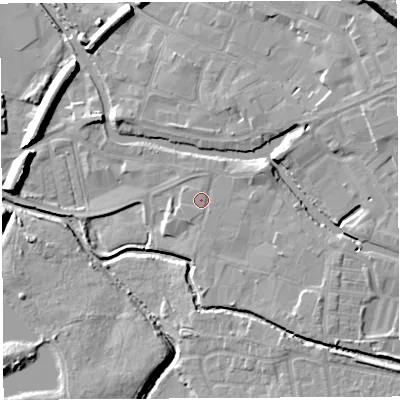 Shaded relief map of the ground around WN35AB, computed from Environment Agency LiDAR. The ground here sits at about 27 m above sea level and falls 20 m across the surrounding 800 m. Surface water reaching this point runs off ground lying to the east-north-east, 1.7 m higher.