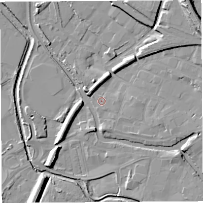 Shaded relief map of the ground around WN35AP, computed from Environment Agency LiDAR. The ground here sits at about 25 m above sea level and falls 21 m across the surrounding 800 m. Surface water reaching this point runs off ground lying to the south, 3.1 m higher.