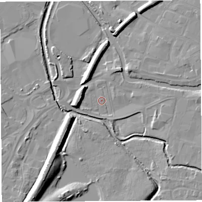 Shaded relief map of the ground around WN35AQ, computed from Environment Agency LiDAR. The ground here sits at about 23 m above sea level and falls 15 m across the surrounding 800 m. Surface water reaching this point runs off ground lying to the north, 8.4 m higher.