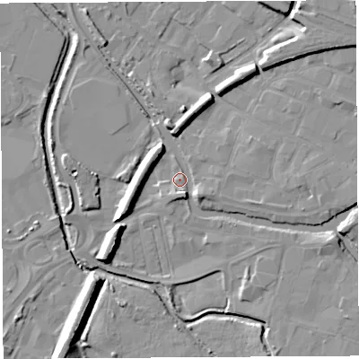 Shaded relief map of the ground around WN35AT, computed from Environment Agency LiDAR. The ground here sits at about 26 m above sea level and falls 17 m across the surrounding 800 m. Surface water reaching this point runs off ground lying to the south-south-east, 3.6 m higher.