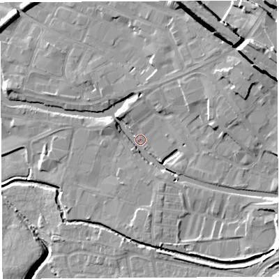Shaded relief map of the ground around WN35AU, computed from Environment Agency LiDAR. The ground here sits at about 26 m above sea level and falls 20 m across the surrounding 800 m. Surface water reaching this point runs off ground lying to the north-east, 16.5 m higher.