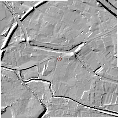 Shaded relief map of the ground around WN35AW, computed from Environment Agency LiDAR. The ground here sits at about 26 m above sea level and falls 20 m across the surrounding 800 m. Surface water reaching this point runs off ground lying to the east-north-east, 1.7 m higher.