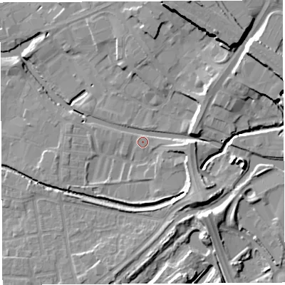 Shaded relief map of the ground around WN35AZ, computed from Environment Agency LiDAR. The ground here sits at about 28 m above sea level and falls 16 m across the surrounding 800 m. Surface water reaching this point runs off ground lying to the north, 14.1 m higher.