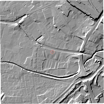 Shaded relief map of the ground around WN35BA, computed from Environment Agency LiDAR. The ground here sits at about 28 m above sea level and falls 17 m across the surrounding 800 m. Surface water reaching this point runs off ground lying to the north-north-east, 14.1 m higher.