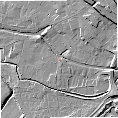 Shaded relief map of the ground around WN35BB, computed from Environment Agency LiDAR. The ground here sits at about 27 m above sea level and falls 20 m across the surrounding 800 m. Surface water reaching this point runs off ground lying to the north-east, 15.6 m higher.