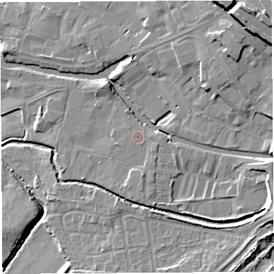Shaded relief map of the ground around WN35BD, computed from Environment Agency LiDAR. The ground here sits at about 27 m above sea level and falls 20 m across the surrounding 800 m. Surface water reaching this point runs off ground lying to the east-south-east, 6.2 m higher.