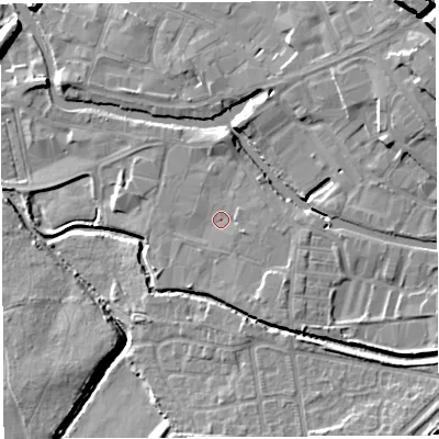 Shaded relief map of the ground around WN35BE, computed from Environment Agency LiDAR. The ground here sits at about 27 m above sea level and falls 20 m across the surrounding 800 m. Surface water reaching this point runs off ground lying to the south-east, 2.7 m higher.