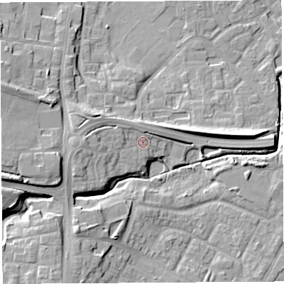 Shaded relief map of the ground around WN35BF, computed from Environment Agency LiDAR. The ground here sits at about 33 m above sea level and falls 16 m across the surrounding 800 m. Surface water reaching this point runs off ground lying to the west, 3.6 m higher.