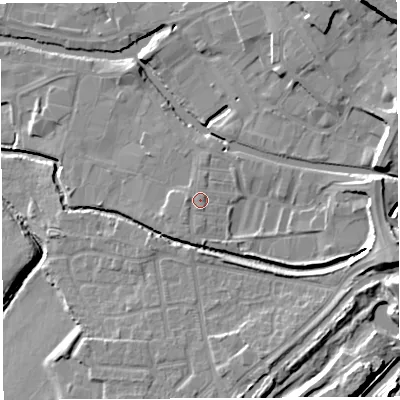 Shaded relief map of the ground around WN35BJ, computed from Environment Agency LiDAR. The ground here sits at about 28 m above sea level and falls 19 m across the surrounding 800 m. Surface water reaching this point runs off ground lying to the west, 1.0 m higher.