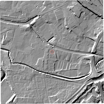Shaded relief map of the ground around WN35BL, computed from Environment Agency LiDAR. The ground here sits at about 28 m above sea level and falls 19 m across the surrounding 800 m. Surface water reaching this point runs off ground lying to the east-south-east, 8.0 m higher.