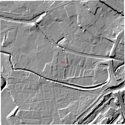 Shaded relief map of the ground around WN35BN, computed from Environment Agency LiDAR. The ground here sits at about 28 m above sea level and falls 19 m across the surrounding 800 m. Surface water reaching this point runs off ground lying to the east-south-east, 8.0 m higher.