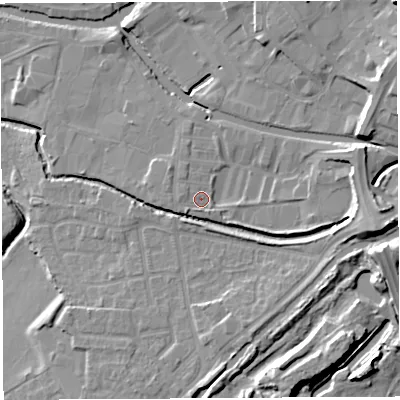 Shaded relief map of the ground around WN35BP, computed from Environment Agency LiDAR. The ground here sits at about 28 m above sea level and falls 17 m across the surrounding 800 m. Surface water reaching this point runs off ground lying to the east, 8.0 m higher.