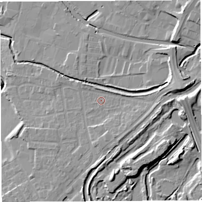 Shaded relief map of the ground around WN35BQ, computed from Environment Agency LiDAR. The ground here sits at about 28 m above sea level and falls 13 m across the surrounding 800 m. The ground contributing surface water to this point lies to the east-south-east.