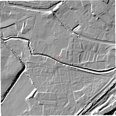 Shaded relief map of the ground around WN35BS, computed from Environment Agency LiDAR. The ground here sits at about 28 m above sea level and falls 13 m across the surrounding 800 m. Surface water reaching this point runs off ground lying to the east-south-east, 5.7 m higher.