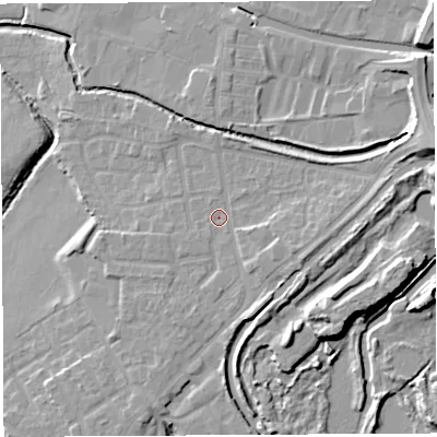 Shaded relief map of the ground around WN35BT, computed from Environment Agency LiDAR. The ground here sits at about 27 m above sea level and falls 13 m across the surrounding 800 m. Surface water reaching this point runs off ground lying to the east-south-east, 3.2 m higher.
