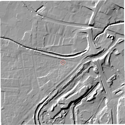Shaded relief map of the ground around WN35BU, computed from Environment Agency LiDAR. The ground here sits at about 28 m above sea level and falls 11 m across the surrounding 800 m. Surface water reaching this point runs off ground lying to the east-north-east, 7.4 m higher.