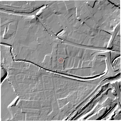 Shaded relief map of the ground around WN35BW, computed from Environment Agency LiDAR. The ground here sits at about 28 m above sea level and falls 18 m across the surrounding 800 m. Surface water reaching this point runs off ground lying to the east-south-east, 8.0 m higher.