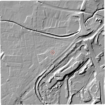Shaded relief map of the ground around WN35BX, computed from Environment Agency LiDAR. The ground here sits at about 29 m above sea level and falls 12 m across the surrounding 800 m. Surface water reaching this point runs off ground lying to the south-east, 1.5 m higher.