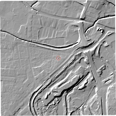 Shaded relief map of the ground around WN35BY, computed from Environment Agency LiDAR. The ground here sits at about 29 m above sea level and falls 11 m across the surrounding 800 m. Surface water reaching this point runs off ground lying to the east-south-east, 1.5 m higher.
