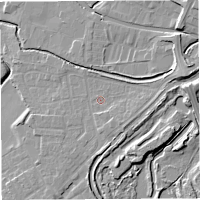 Shaded relief map of the ground around WN35BZ, computed from Environment Agency LiDAR. The ground here sits at about 28 m above sea level and falls 13 m across the surrounding 800 m. Surface water reaching this point runs off ground lying to the south-east, 3.1 m higher.