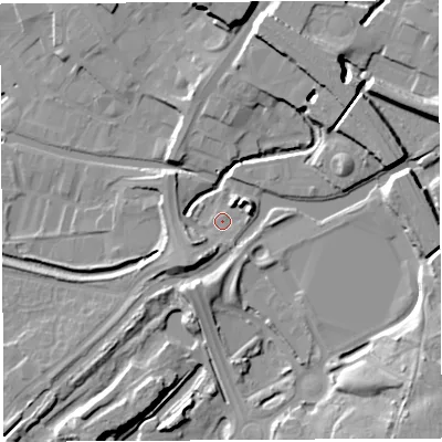 Shaded relief map of the ground around WN35DE, computed from Environment Agency LiDAR. The ground here sits at about 30 m above sea level and falls 18 m across the surrounding 800 m. Surface water reaching this point runs off ground lying to the east-north-east, 10.2 m higher.