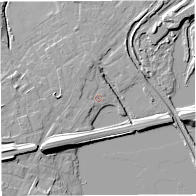 Shaded relief map of the ground around WN35DJ, computed from Environment Agency LiDAR. The ground here sits at about 26 m above sea level and falls 15 m across the surrounding 800 m. Surface water reaching this point runs off ground lying to the south-south-west, 5.6 m higher.
