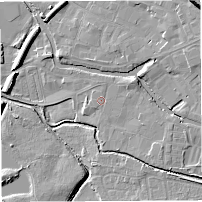Shaded relief map of the ground around WN35DN, computed from Environment Agency LiDAR. The ground here sits at about 26 m above sea level and falls 20 m across the surrounding 800 m. Surface water reaching this point runs off ground lying to the east-north-east, 1.7 m higher.
