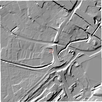 Shaded relief map of the ground around WN35DQ, computed from Environment Agency LiDAR. The ground here sits at about 29 m above sea level and falls 15 m across the surrounding 800 m. Surface water reaching this point runs off ground lying to the south-south-east, 5.6 m higher.