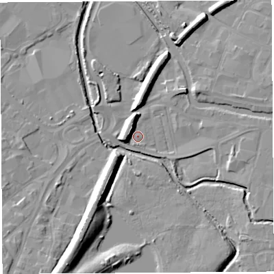 Shaded relief map of the ground around WN35DW, computed from Environment Agency LiDAR. The ground here sits at about 23 m above sea level and falls 15 m across the surrounding 800 m. Surface water reaching this point runs off ground lying to the north-west, 8.0 m higher.