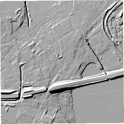Shaded relief map of the ground around WN35DX, computed from Environment Agency LiDAR. The ground here sits at about 27 m above sea level and falls 16 m across the surrounding 800 m. Surface water reaching this point runs off ground lying to the north-north-west, 2.3 m higher.