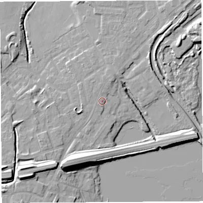 Shaded relief map of the ground around WN35DY, computed from Environment Agency LiDAR. The ground here sits at about 28 m above sea level and falls 15 m across the surrounding 800 m. Surface water reaching this point runs off ground lying to the south-west, 15.0 m higher.
