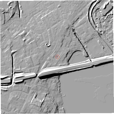 Shaded relief map of the ground around WN35EA, computed from Environment Agency LiDAR. The ground here sits at about 27 m above sea level and falls 16 m across the surrounding 800 m. Surface water reaching this point runs off ground lying to the south-west, 10.6 m higher.
