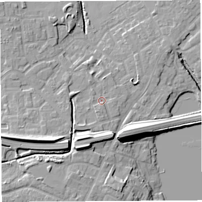 Shaded relief map of the ground around WN35EB, computed from Environment Agency LiDAR. The ground here sits at about 29 m above sea level and falls 16 m across the surrounding 800 m. Surface water reaching this point runs off ground lying to the south, 1.9 m higher.