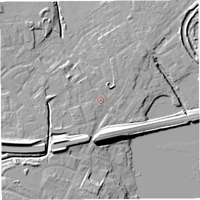 Shaded relief map of the ground around WN35ED, computed from Environment Agency LiDAR. The ground here sits at about 28 m above sea level and falls 16 m across the surrounding 800 m. Surface water reaching this point runs off ground lying to the west-south-west, 0.9 m higher.