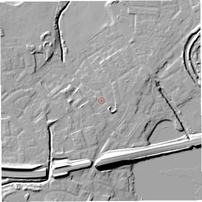 Shaded relief map of the ground around WN35EH, computed from Environment Agency LiDAR. The ground here sits at about 27 m above sea level and falls 16 m across the surrounding 800 m. Surface water reaching this point runs off ground lying to the south-east, 2.9 m higher.