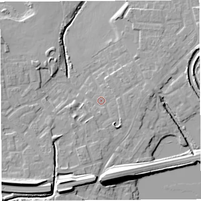 Shaded relief map of the ground around WN35EQ, computed from Environment Agency LiDAR. The ground here sits at about 27 m above sea level and falls 16 m across the surrounding 800 m. Surface water reaching this point runs off ground lying to the south-east, 3.4 m higher.