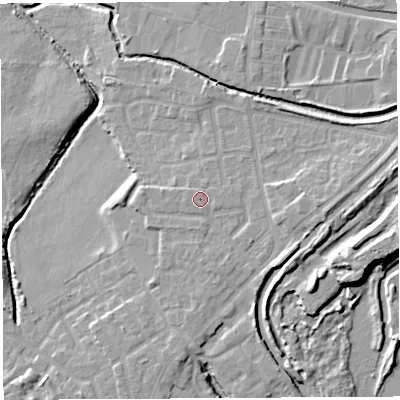 Shaded relief map of the ground around WN35ER, computed from Environment Agency LiDAR. The ground here sits at about 28 m above sea level and falls 13 m across the surrounding 800 m. Surface water reaching this point runs off ground lying to the east, 2.7 m higher.
