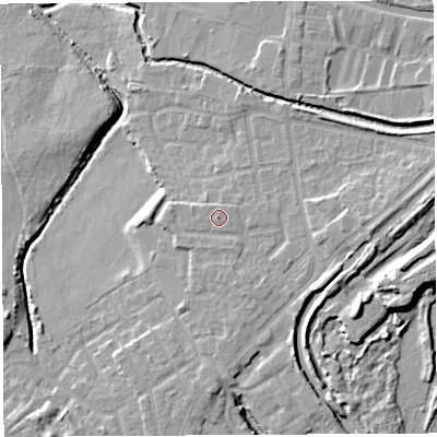 Shaded relief map of the ground around WN35ES, computed from Environment Agency LiDAR. The ground here sits at about 28 m above sea level and falls 13 m across the surrounding 800 m. Surface water reaching this point runs off ground lying to the west, 0.8 m higher.
