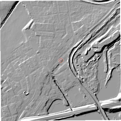 Shaded relief map of the ground around WN35EW, computed from Environment Agency LiDAR. The ground here sits at about 28 m above sea level and falls 13 m across the surrounding 800 m. Surface water reaching this point runs off ground lying to the north-east, 3.4 m higher.