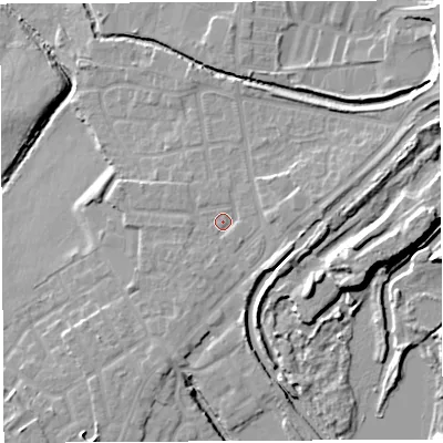 Shaded relief map of the ground around WN35EZ, computed from Environment Agency LiDAR. The ground here sits at about 28 m above sea level and falls 13 m across the surrounding 800 m. Surface water reaching this point runs off ground lying to the east, 2.6 m higher.
