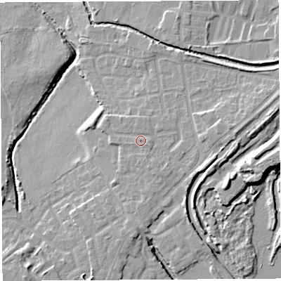Shaded relief map of the ground around WN35HA, computed from Environment Agency LiDAR. The ground here sits at about 28 m above sea level and falls 13 m across the surrounding 800 m. Surface water reaching this point runs off ground lying to the south-south-east, 0.9 m higher.