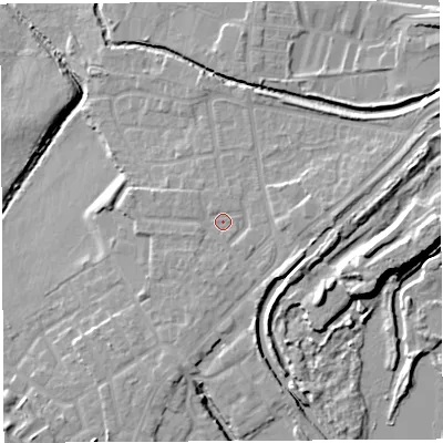 Shaded relief map of the ground around WN35HB, computed from Environment Agency LiDAR. The ground here sits at about 28 m above sea level and falls 13 m across the surrounding 800 m. Surface water reaching this point runs off ground lying to the east, 2.7 m higher.