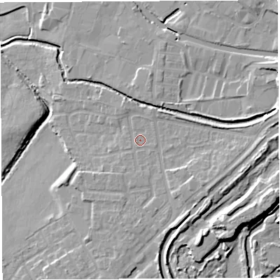 Shaded relief map of the ground around WN35HD, computed from Environment Agency LiDAR. The ground here sits at about 27 m above sea level and falls 13 m across the surrounding 800 m. Surface water reaching this point runs off ground lying to the east-north-east, 5.7 m higher.