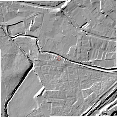 Shaded relief map of the ground around WN35HE, computed from Environment Agency LiDAR. The ground here sits at about 27 m above sea level and falls 13 m across the surrounding 800 m. Surface water reaching this point runs off ground lying to the east-south-east, 3.9 m higher.